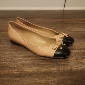Michael Kors Black and Tan Leather Ballet Flats with Gold Bow Size 9.5